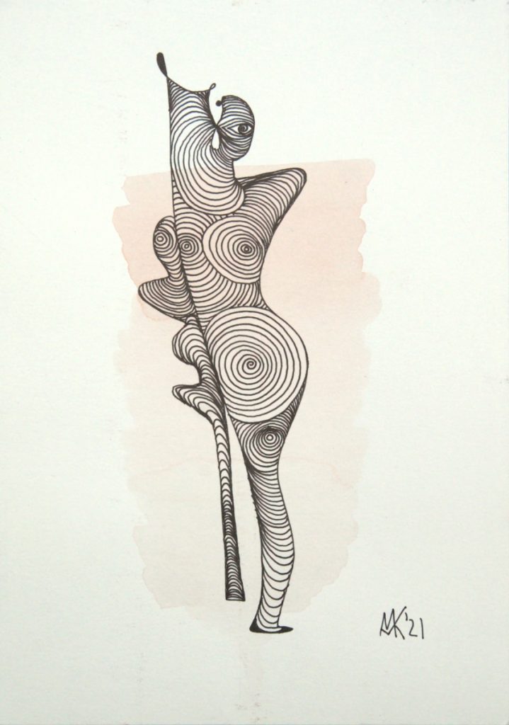 "Krücken-Ich" Abstrakte zeitgenössische Kunst, Aquarell und Tusche auf Papier 14 x 21 cm