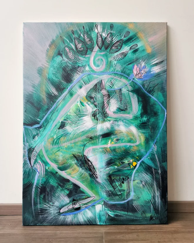 "Green Tara" Abstrakte zeitgenössische Malerei in Acryl