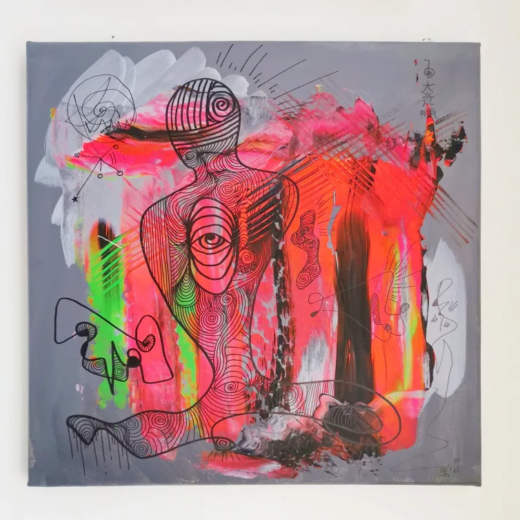 Neon Pink Abstrakte zeitgenössische Malerei in Acryl