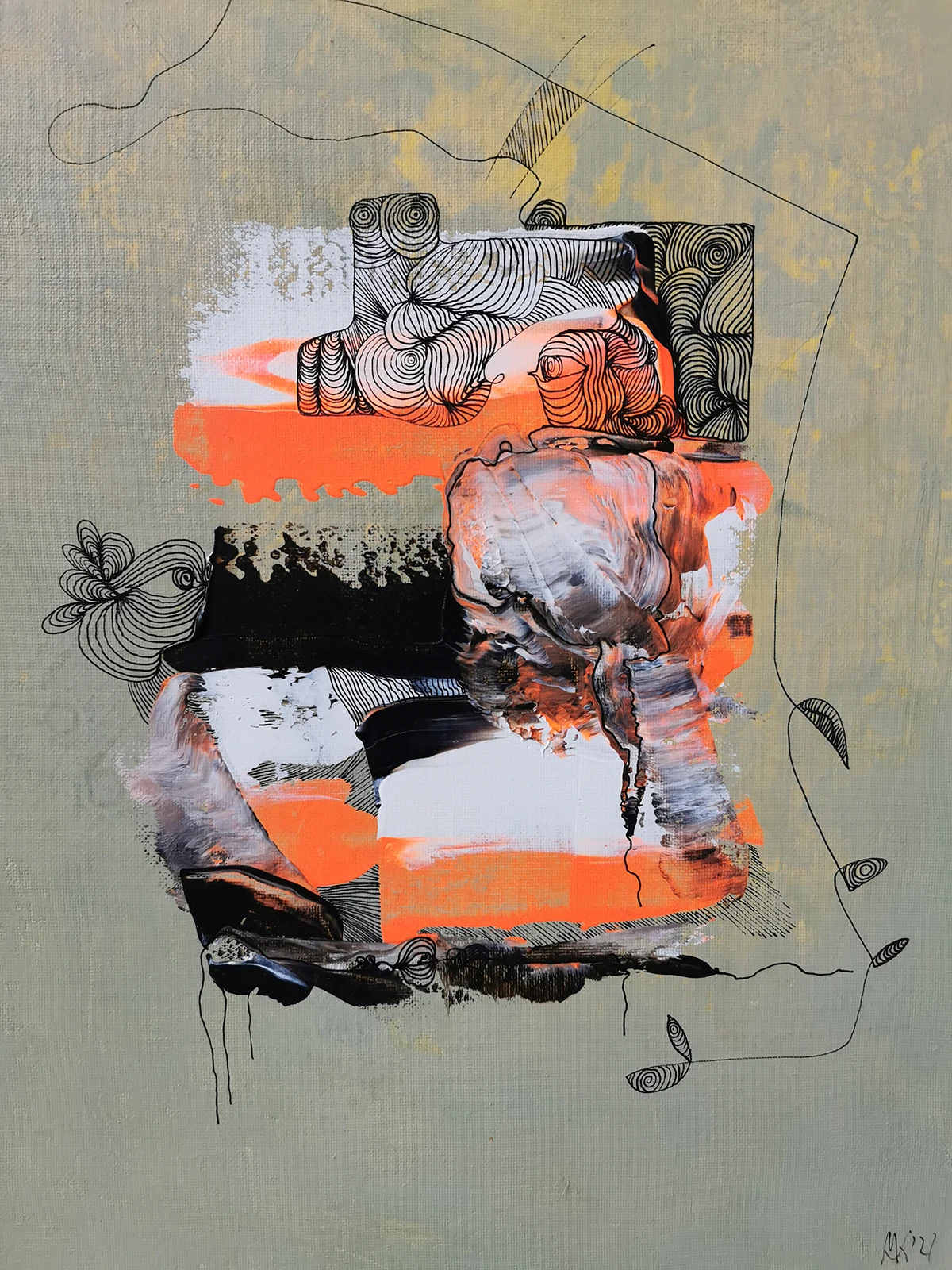 "Antrieb" Abstraktes zeitgenössisches Acryl Gemälde in Hellgrau und Orange