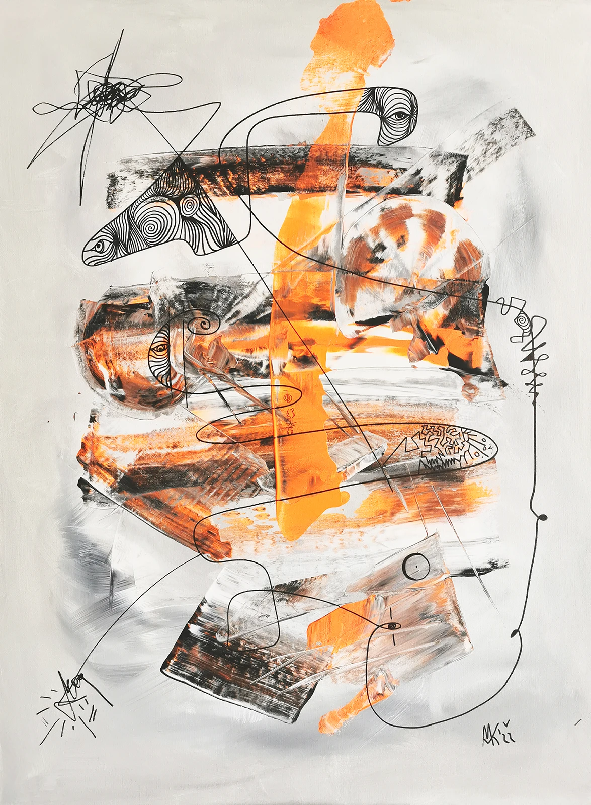 "Antrieb" Abstraktes zeitgenössisches Acryl Gemälde in Hellgrau und Orange